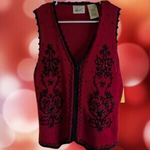 Kathie Lee medium vintage zipper front beaded embellishments black and red vest